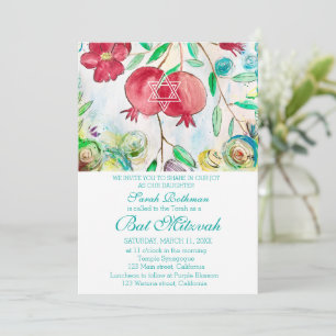Invitación Elegante Floral de Granada Bat Mitzvah Judía Niña