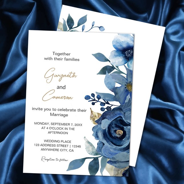 Invitación Elegante Floral de Invierno Azul Hielo (Elegant Ice Blue Winter Floral Invitation #navyblue #elegantnavybluegold #blueandgold #zazzlemade)