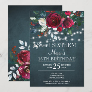 Invitación Elegante floral de invierno burgundy sweet sixteen