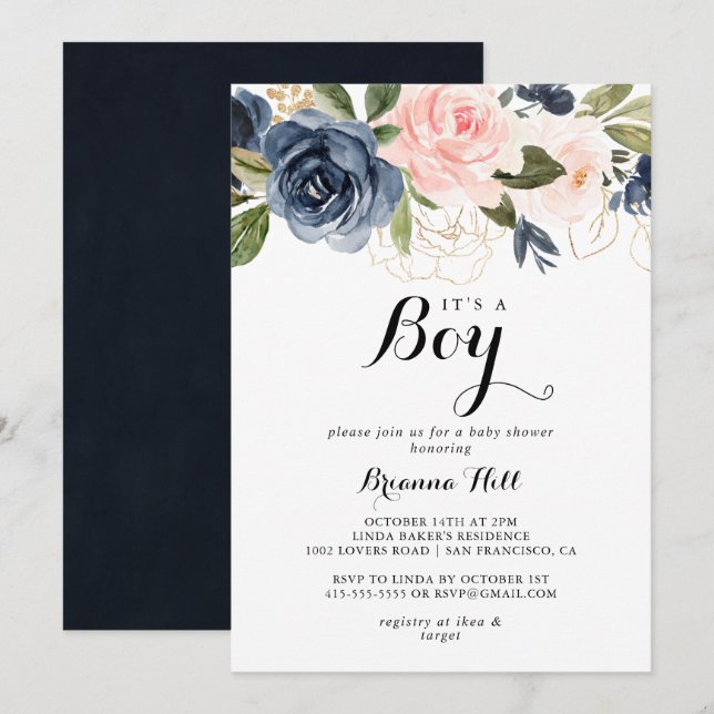 Invitación Elegante floral de invierno es un niño Baby Shower (Anverso / Reverso)
