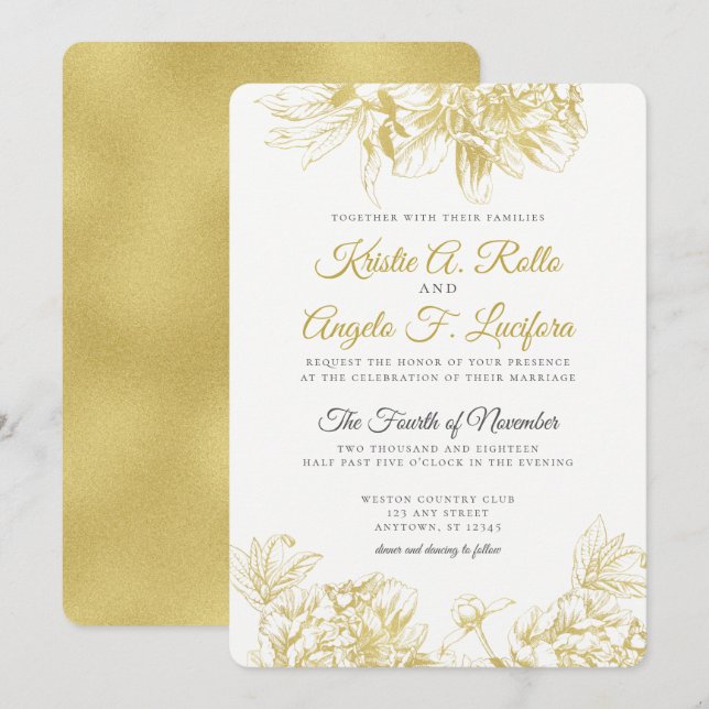 Invitación elegante floral de la boda del oro (Anverso / Reverso)