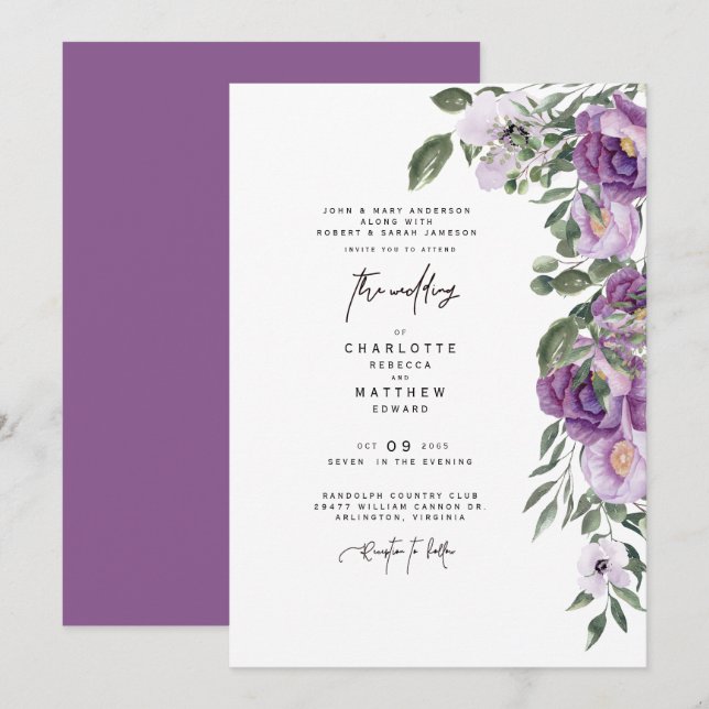 Invitación Elegante Floral De Lavanda Exuberante Ambos Padres (Anverso / Reverso)