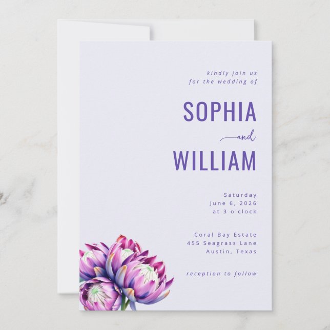 Invitación Elegante Floral de Lavanda Protea (Anverso)