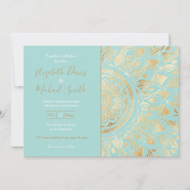 Invitación Elegante floral de Mandala Verde azulada con luz d (Anverso)
