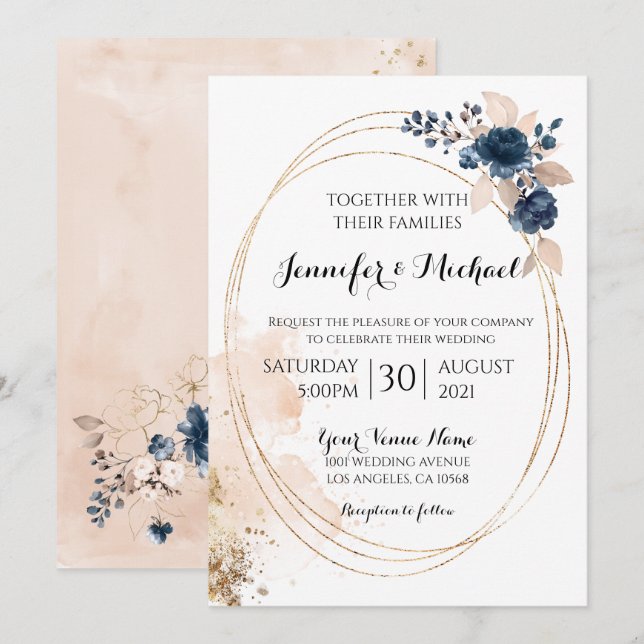 Invitación Elegante floral de marco dorado geométrico moderno (Anverso / Reverso)
