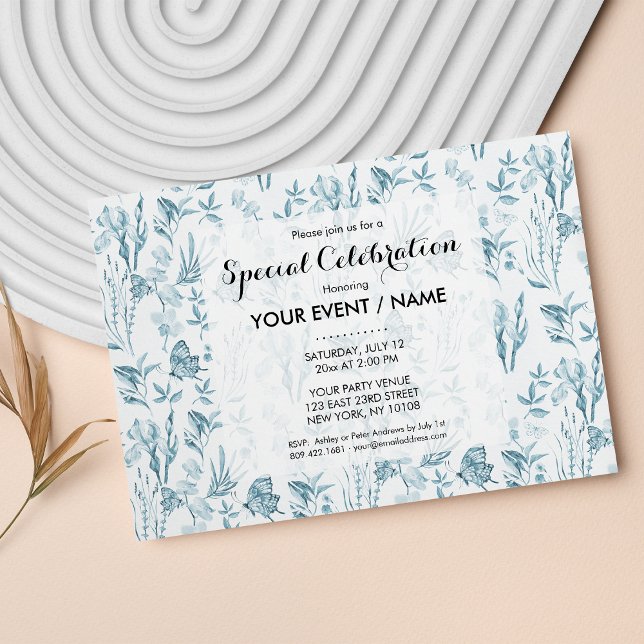 Invitación Elegante floral de mariposa azul pastel (Elegant pastel blue vintage butterfly floral invitation)
