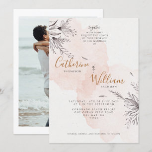 Invitación Elegante Floral de Melocotón Rosado Foto Boda