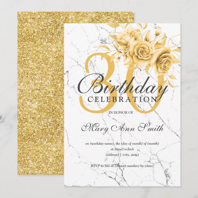 Invitación Elegante floral de oro 30 cumpleaños Fiesta Marble (Anverso / Reverso)