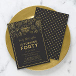 Invitación Elegante floral de oro 40.º Fiesta de cumpleaños<br><div class="desc">Elegante invitación a la Fiesta de los 40 Aniversarios de la Floral con un Relieve metalizado de oro falso floral y bordeado con un fondo gris oscuro en la parte delantera. La invitación tiene un patrón falso de puntos de polka oro contra un fondo gris oscuro en la parte posterior....</div>