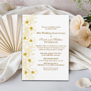 Invitación Elegante Floral de Oro 40 Aniversario de Boda