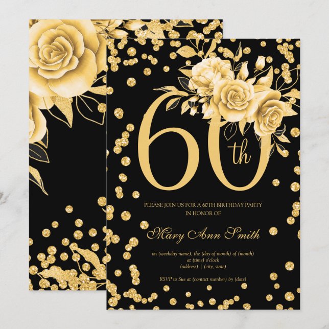Invitación Elegante floral de oro 60 cumpleaños fiesta negro  (Anverso / Reverso)
