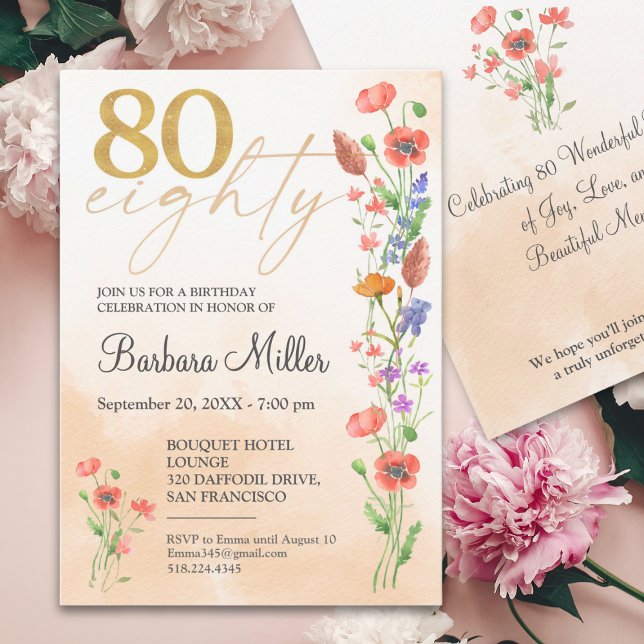 Invitación Elegante floral de oro 80º cumpleaños - 80 años de (Subido por el creador)