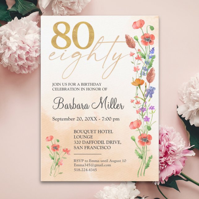 Invitación Elegante Floral de oro 80 cumpleaños - 80 años (Subido por el creador)