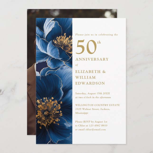 Invitación Elegante floral de oro azul en el 50° aniversario  (Anverso / Reverso)