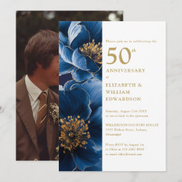 Invitación Elegante floral de oro azul en el 50° aniversario