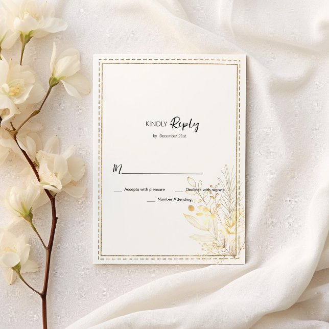 Invitación Elegante floral de oro blanco botánico RSVP (Elegant botanical white gold floral RSVP)