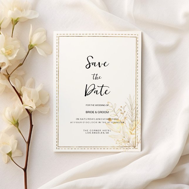 Invitación Elegante floral de oro blanco botánico Save the Da (Elegant botanical white gold floral Save the Date)