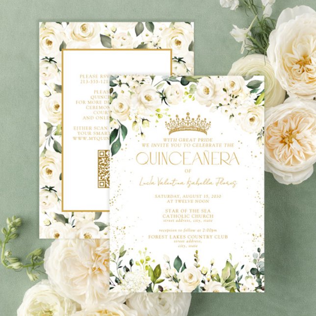 Invitación Elegante floral de oro blanco moderno QR Quinceañe (Subido por el creador)