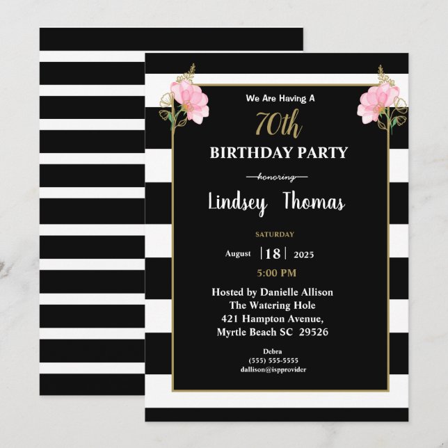 Invitación Elegante floral de oro blanco negro 70 cumpleaños (Anverso / Reverso)