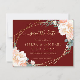 Invitación Elegante floral de oro de borgoña salva la fecha