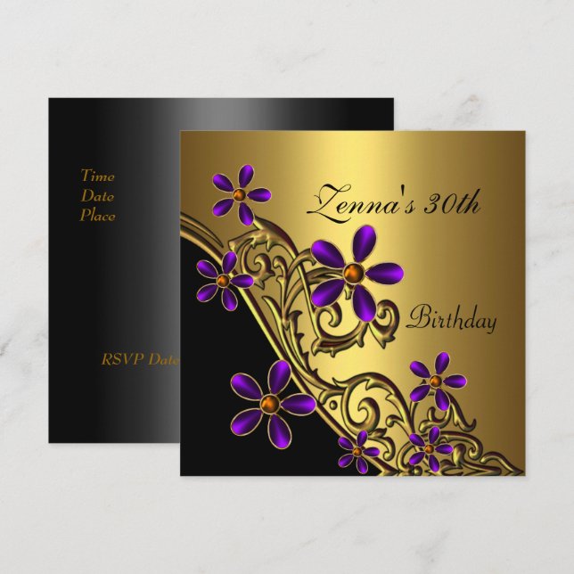 Invitación Elegante floral de oro morado negro en 30 años (Anverso / Reverso)
