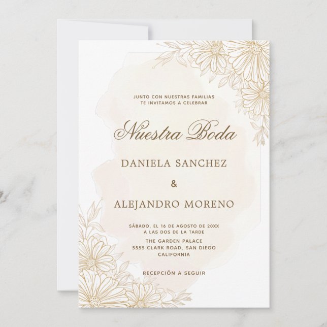 Invitación Elegante floral de oro Nuestra Boda Boda española (Anverso)