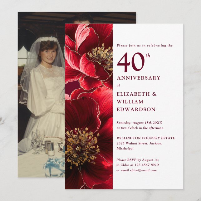 Invitación Elegante floral de oro rojo 40 años foto (Anverso / Reverso)