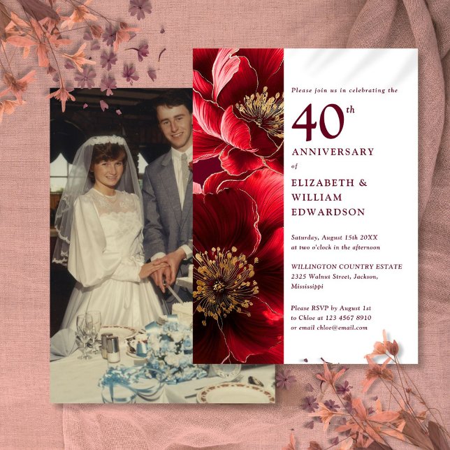 Invitación Elegante floral de oro rojo 40 años foto (Elegant Red Gold Floral 40th Anniversary Photo Invitation)
