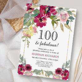 Invitación Elegante floral de oro rosa borgoñona 100 cumpleañ