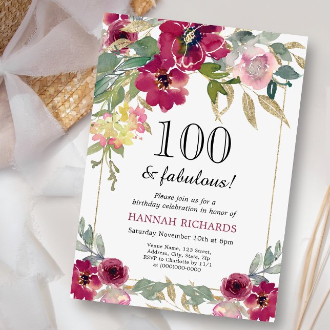 Invitación Elegante floral de oro rosa borgoñona 100 cumpleañ (Subido por el creador)