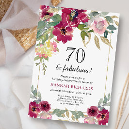 Invitación Elegante floral de oro rosa borgoñona 70 cumpleaño
