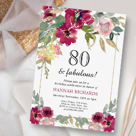 Invitación Elegante floral de oro rosa borgoñona 80 cumpleaño