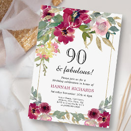 Invitación Elegante floral de oro rosa borgoñona 90 cumpleaño