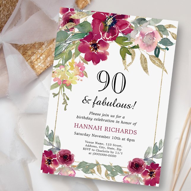 Invitación Elegante floral de oro rosa borgoñona 90 cumpleaño (Subido por el creador)