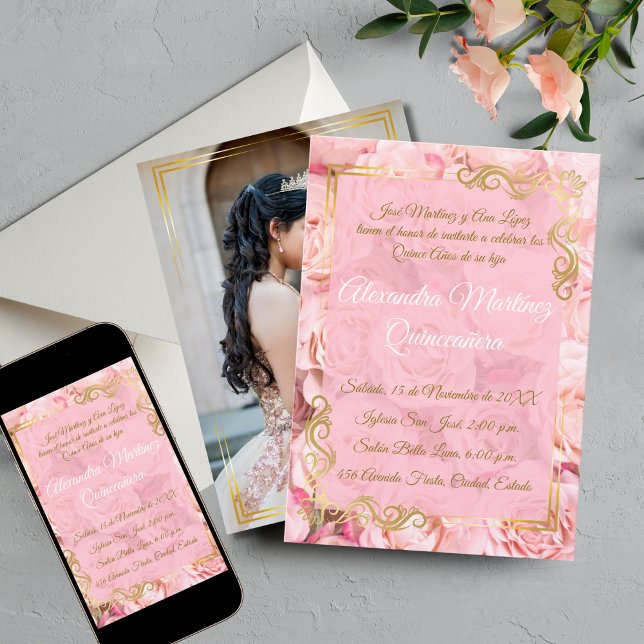 Invitación Elegante Floral de oro rosa rosa blanco Quinceañer (Subido por el creador)