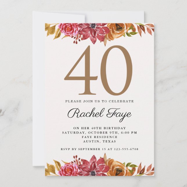 Invitación Elegante floral de oro rosado 40 cumpleaños Fiesta (Anverso)
