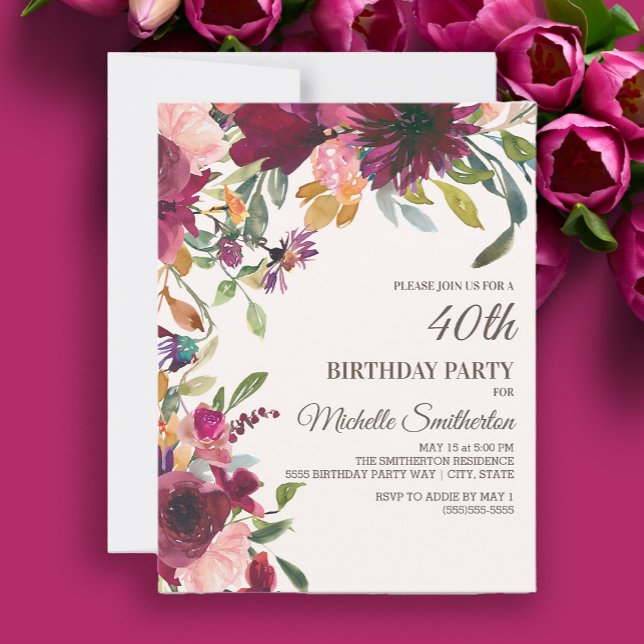Invitación Elegante Floral de oro rosado púrpura 40 cumpleaño (Burgundy and pink watercolor floral 40th birthday party invitation)