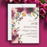 Invitación Elegante Floral de oro rosado púrpura 60 cumpleaño<br><div class="desc">Hermosa y elegante ciruela morada y rosa floral con hojas de color verde sabio acuarela botánica 60 cumpleaños invitación a las mujeres. El texto es un tipo de letra de pincel de caligrafía dorada y está alineado en el lado derecho de la tarjeta. Esta invitación a la fiesta de cumpleaños...</div>