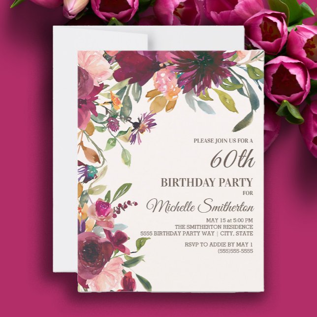 Invitación Elegante Floral de oro rosado púrpura 60 cumpleaño (Burgundy and pink floral 60th birthday party invitation)