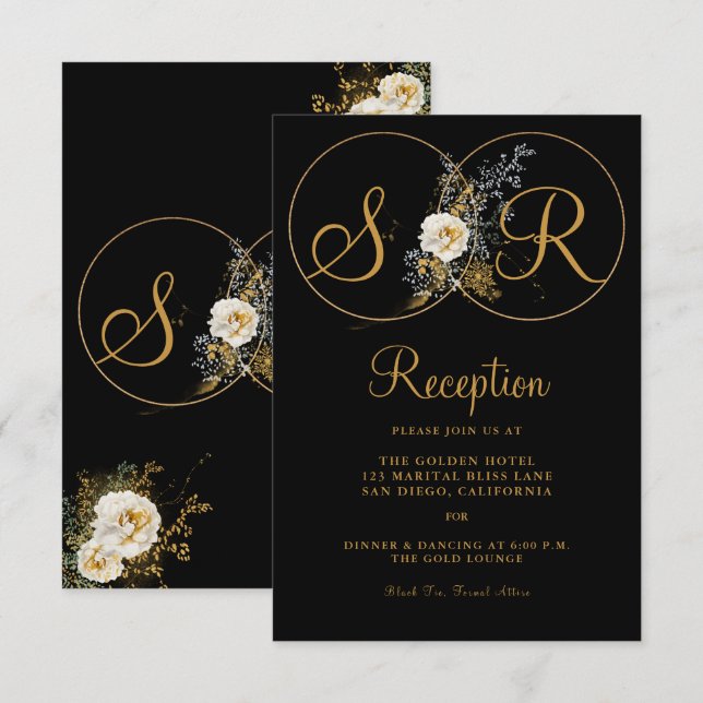 Invitación Elegante Floral De Oro Sobre Monograma Negro (Anverso / Reverso)