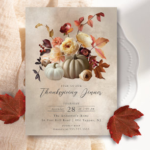 Invitación Elegante Floral de otoño y calabazas Acción de Gra