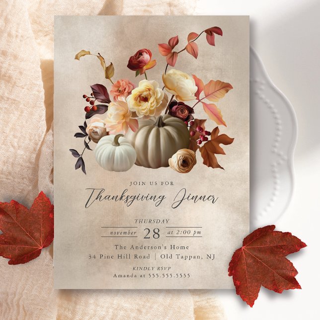 Invitación Elegante Floral de otoño y calabazas Acción de Gra (Subido por el creador)