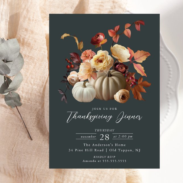 Invitación Elegante Floral de otoño y calabazas Acción de Gra (Subido por el creador)