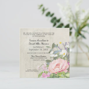 Invitación Elegante Floral de Peonía Rosa Verde Rustico Mader