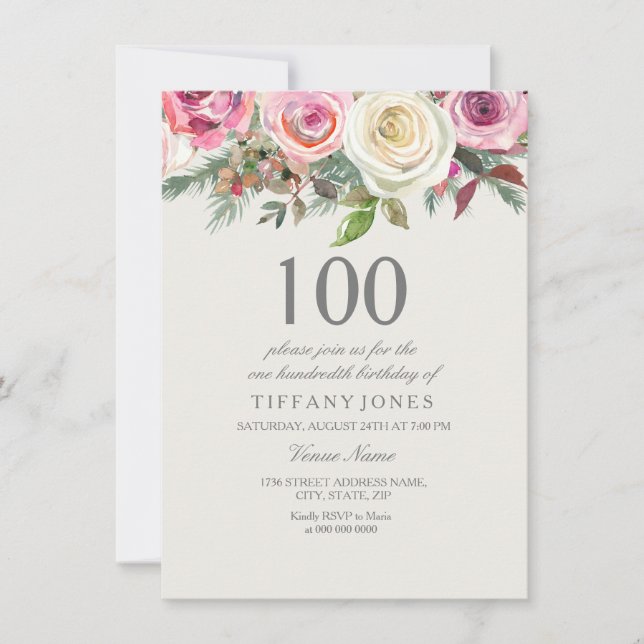 Invitación Elegante Floral de rosa blanca 100 cumpleaños Invi (Anverso)
