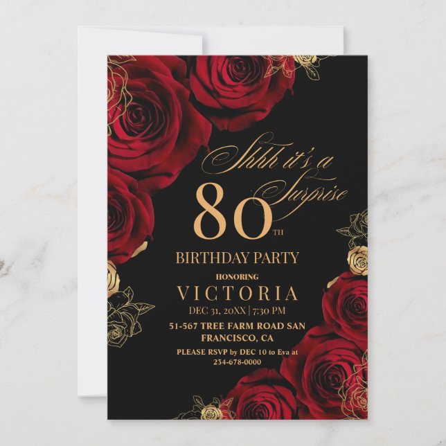 Invitación Elegante floral de rosas negras y rojas 80 cumplea (Anverso)
