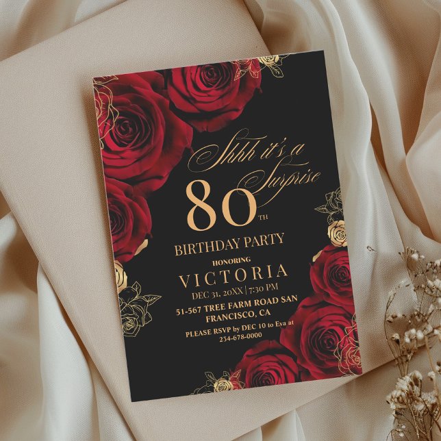 Invitación Elegante floral de rosas negras y rojas 80 cumplea (Subido por el creador)
