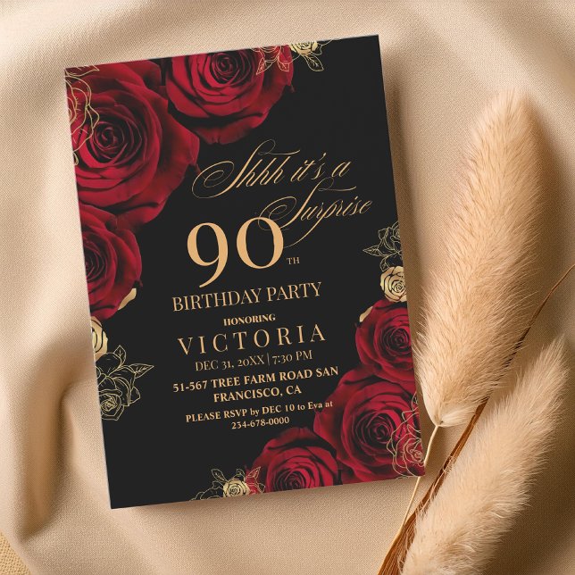 Invitación Elegante floral de rosas negras y rojas 90 cumplea (Subido por el creador)