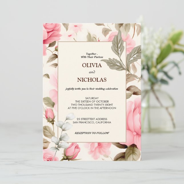 Invitación Elegante floral de rosas rosadas botánicas (Anverso de pie)