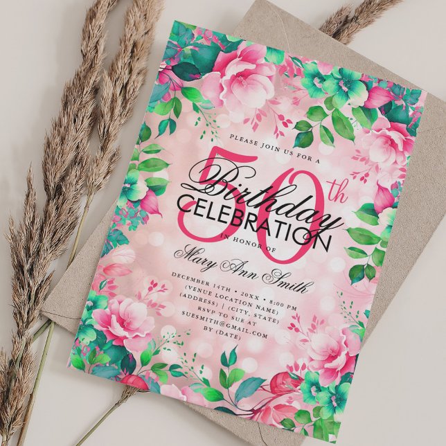 Invitación Elegante floral de verano Rubor Spring 50 cumpleañ (Elegant 50th Birthday Blush Spring Summer Floral Invitation)